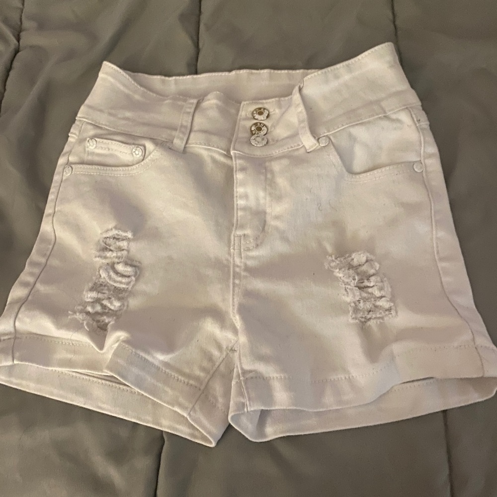 White distressed denim shorts